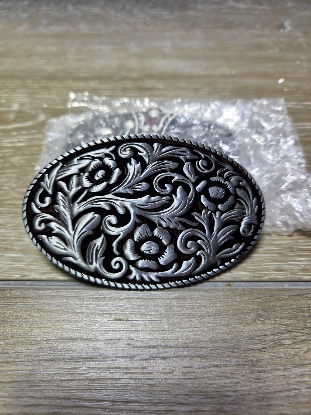 Western Oval Belt Buckle Black Silver Tone Floral Scrollwork
